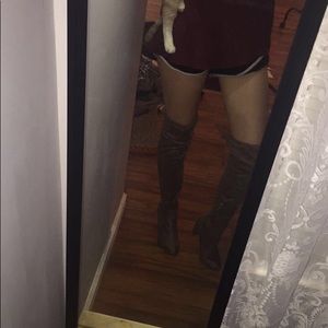 gray/ tan thigh high boots